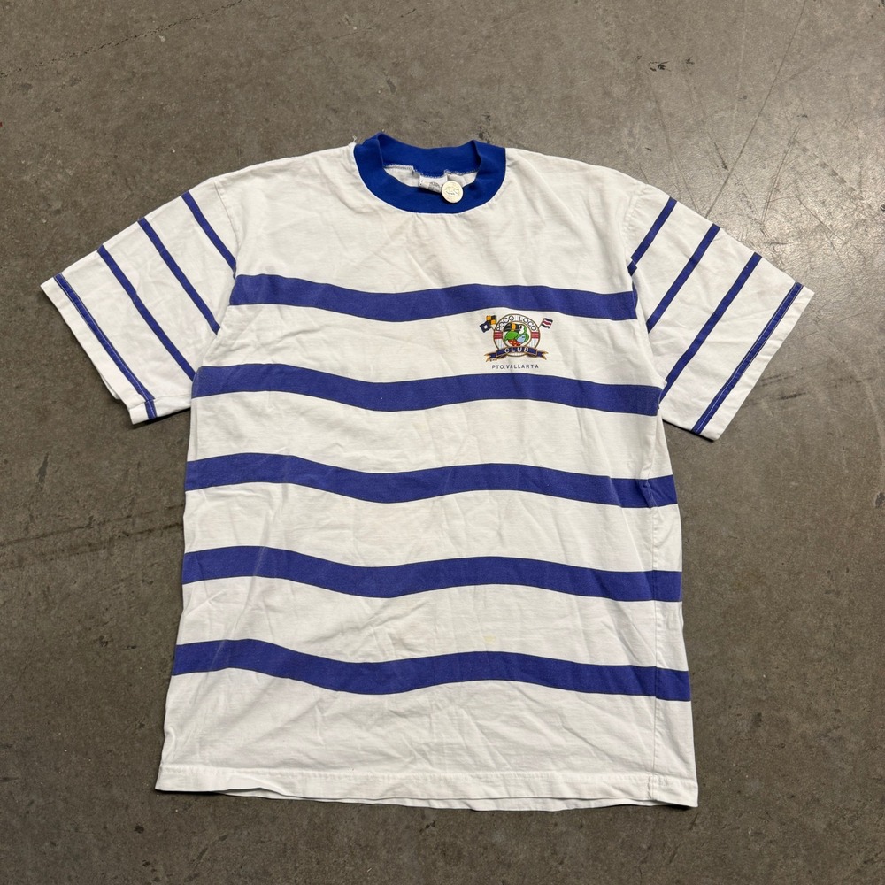 Vintage Poco Loco Club Puerto Vallarta Striped T-Shirt Mens Blue White Large